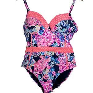 LILLY PULITZER Palma One Piece Swimsuit Turtle Floral Pink Deep Sea Navy Size 12